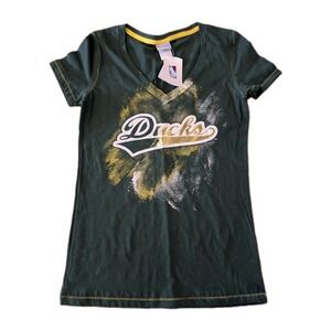 NEW Oregon Ducks Football Women's Green T-shirt Size Large V Neck Metallic Paint